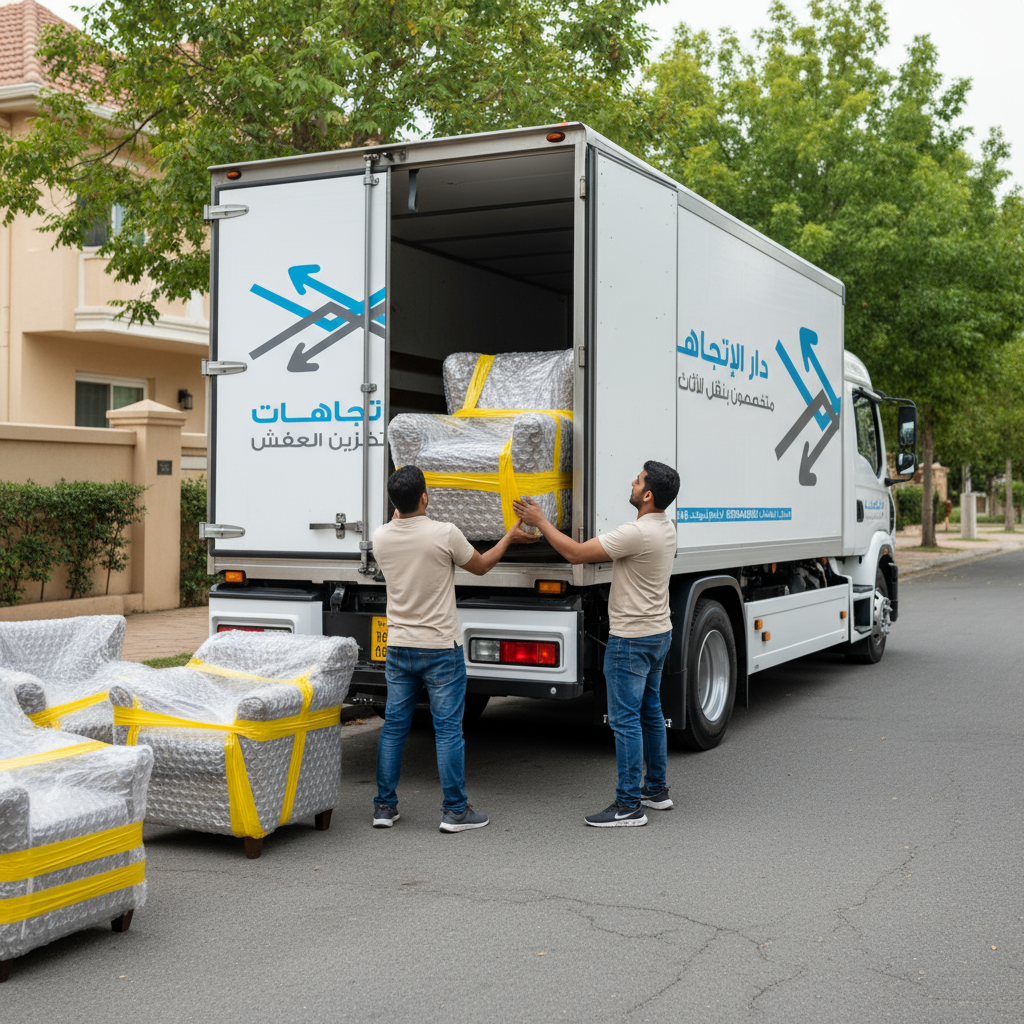 White closed moving truck parked safely on a residential street for furniture transport
